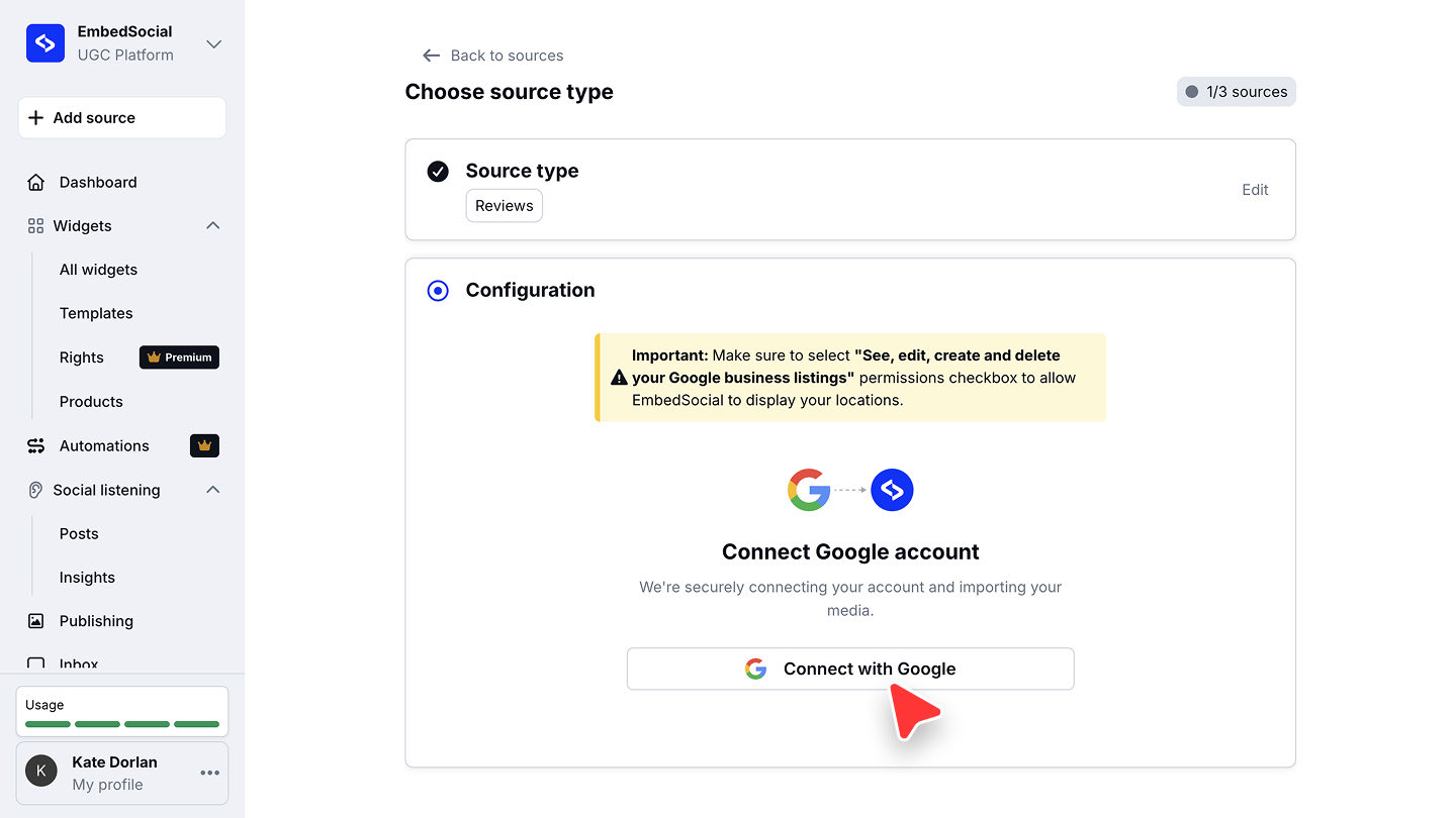 Googleアカウントの接続ボタンが表示されたConfigurationステップ