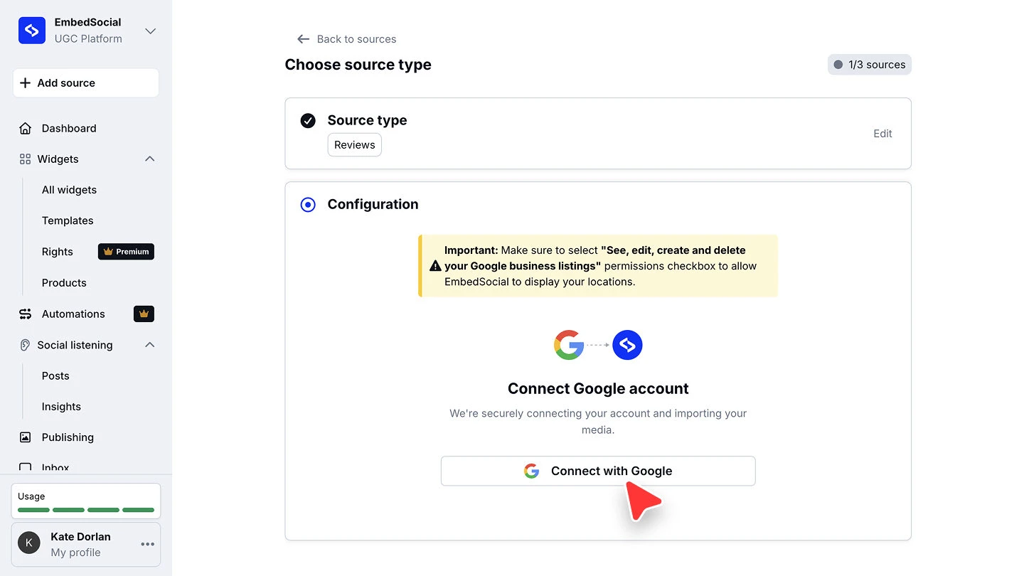 The Configuration step showing the Google account connect button