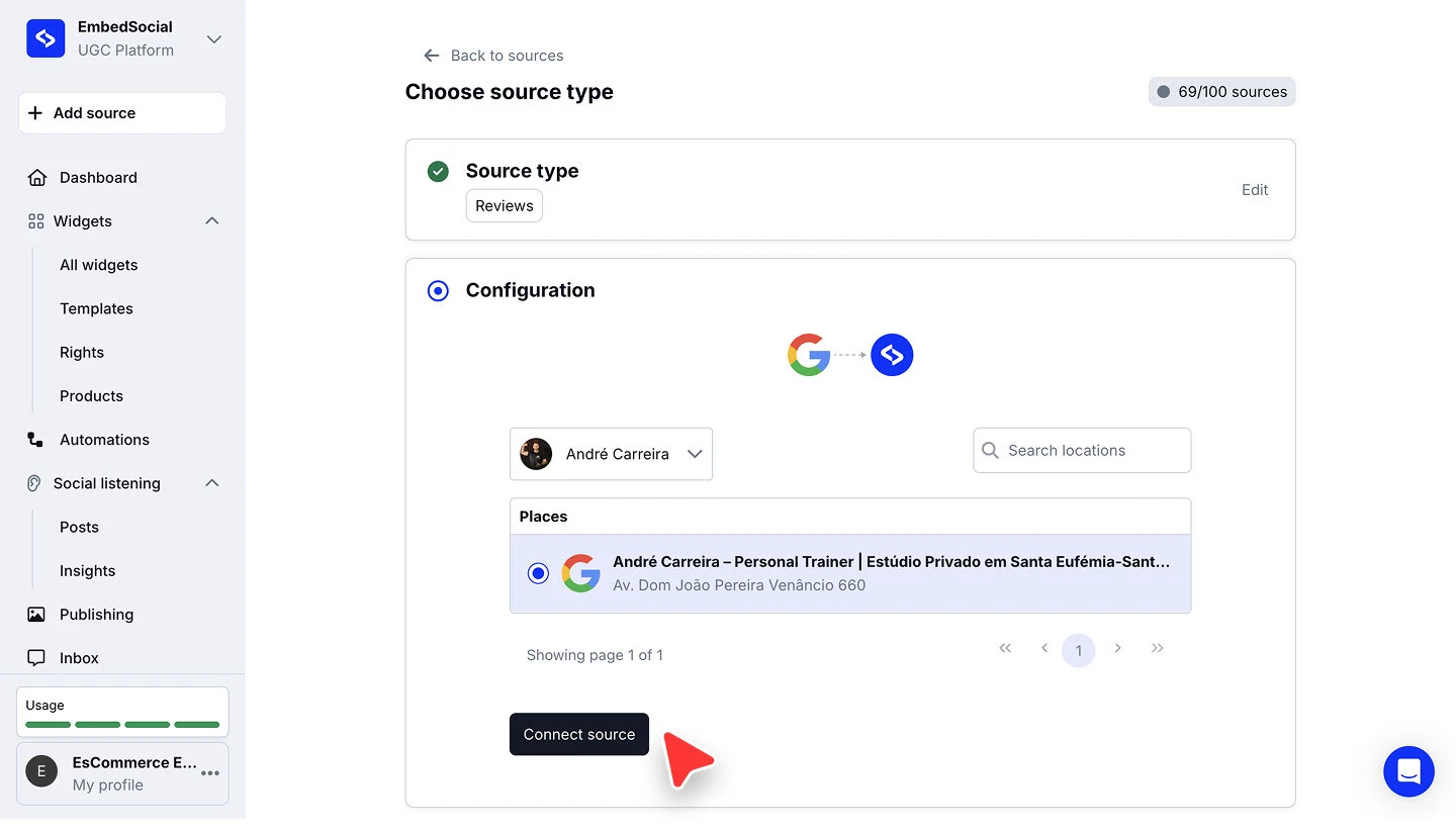 The Configuration step showing the account dropdown, the Places list, and the Connect source button