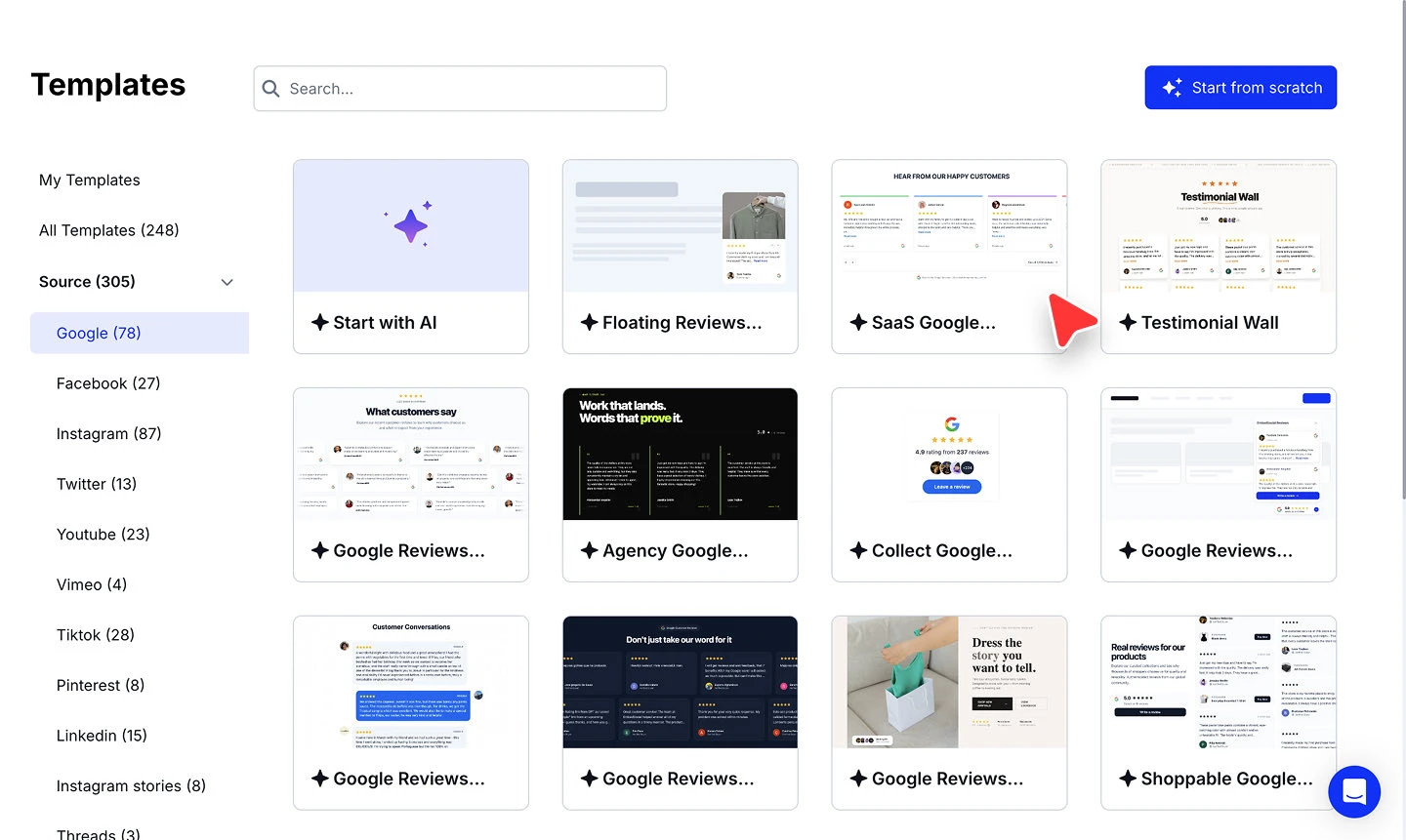 The widget template gallery shown after the Google source is connected