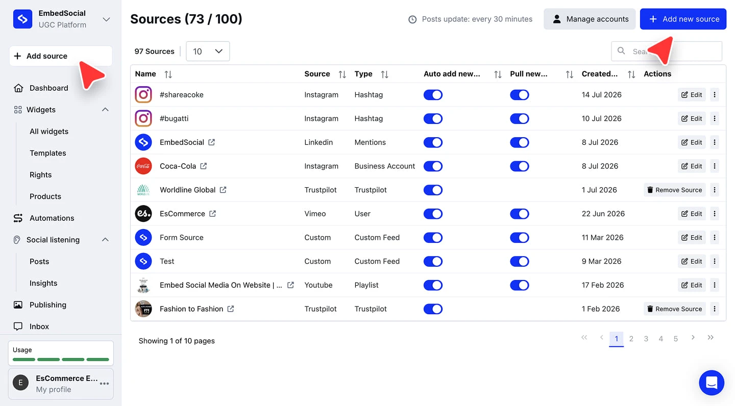 The Sources screen with the Add source and Add new source buttons