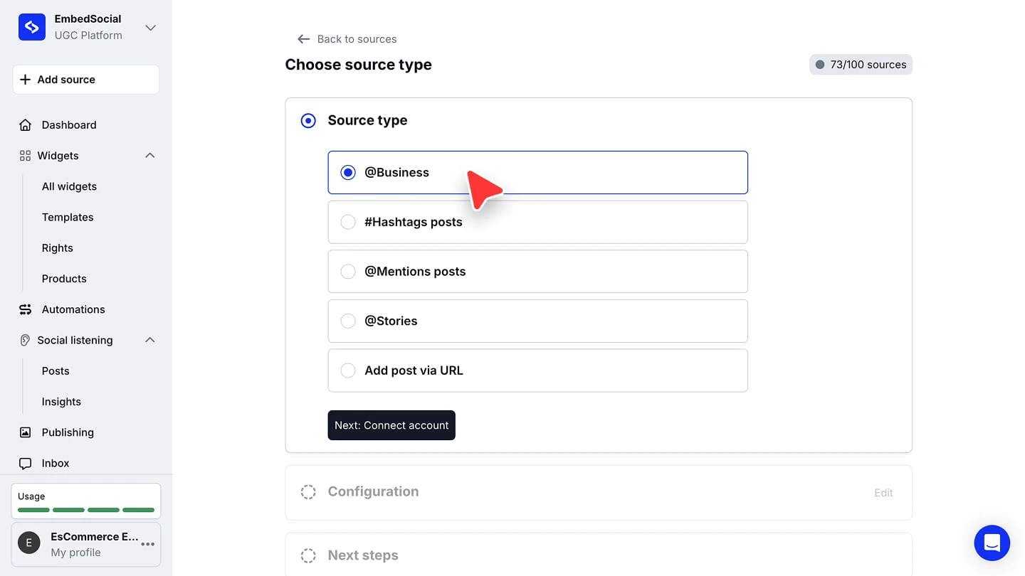 Choosing Business account as the Instagram source type