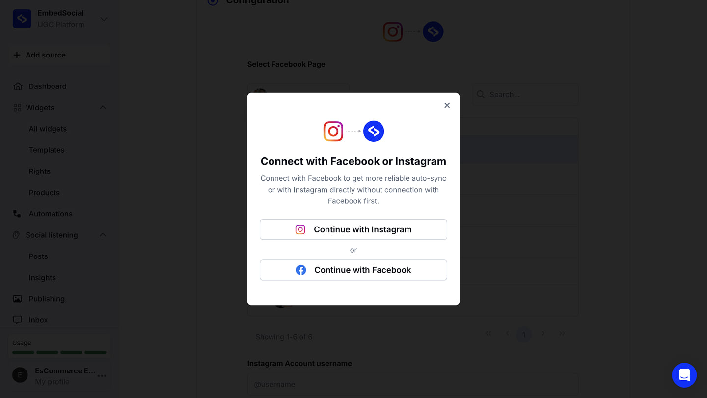 Connect with Facebook or Instagramのウィンドウ