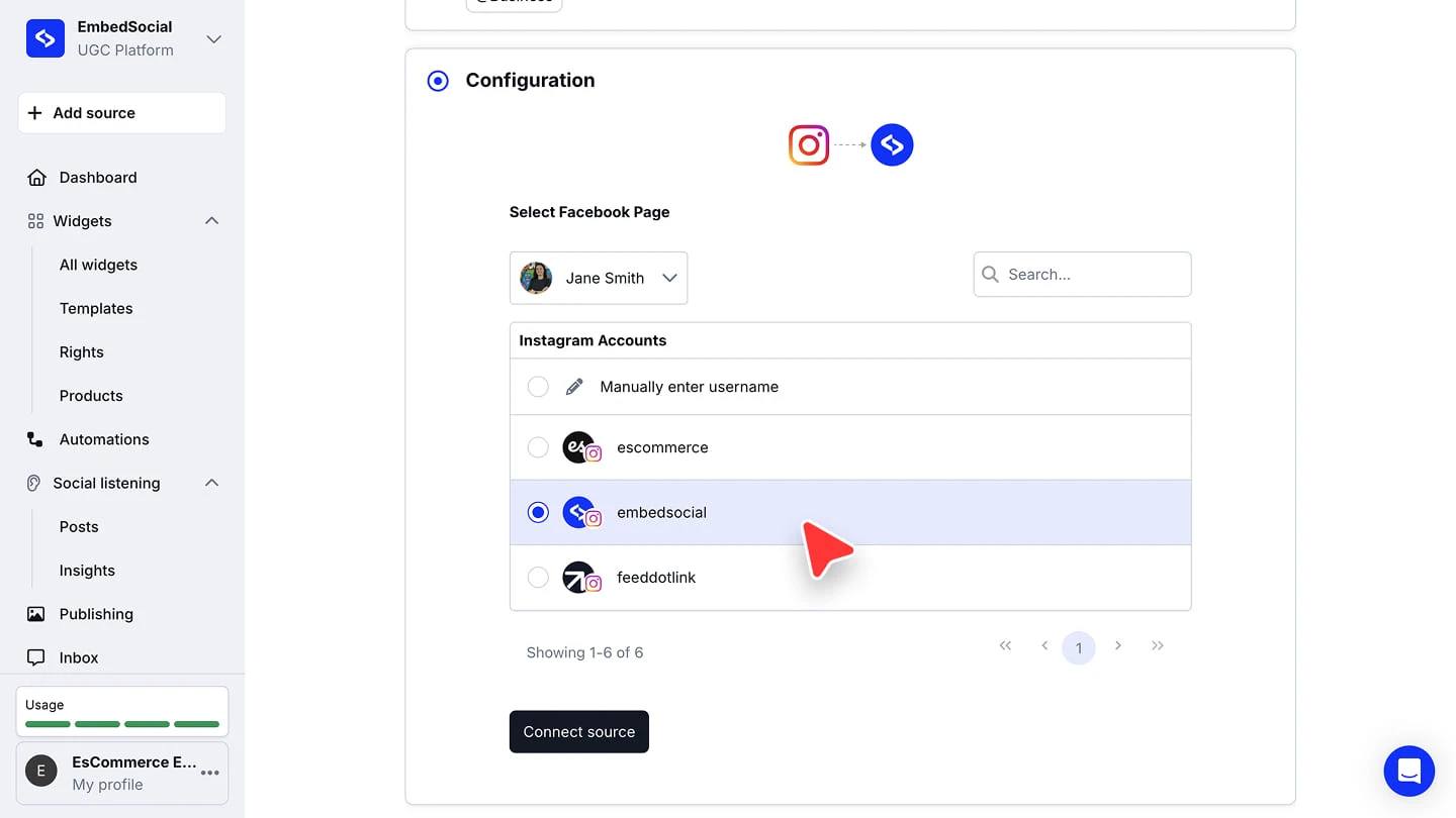 Selecting the Instagram account from the list and clicking Connect source