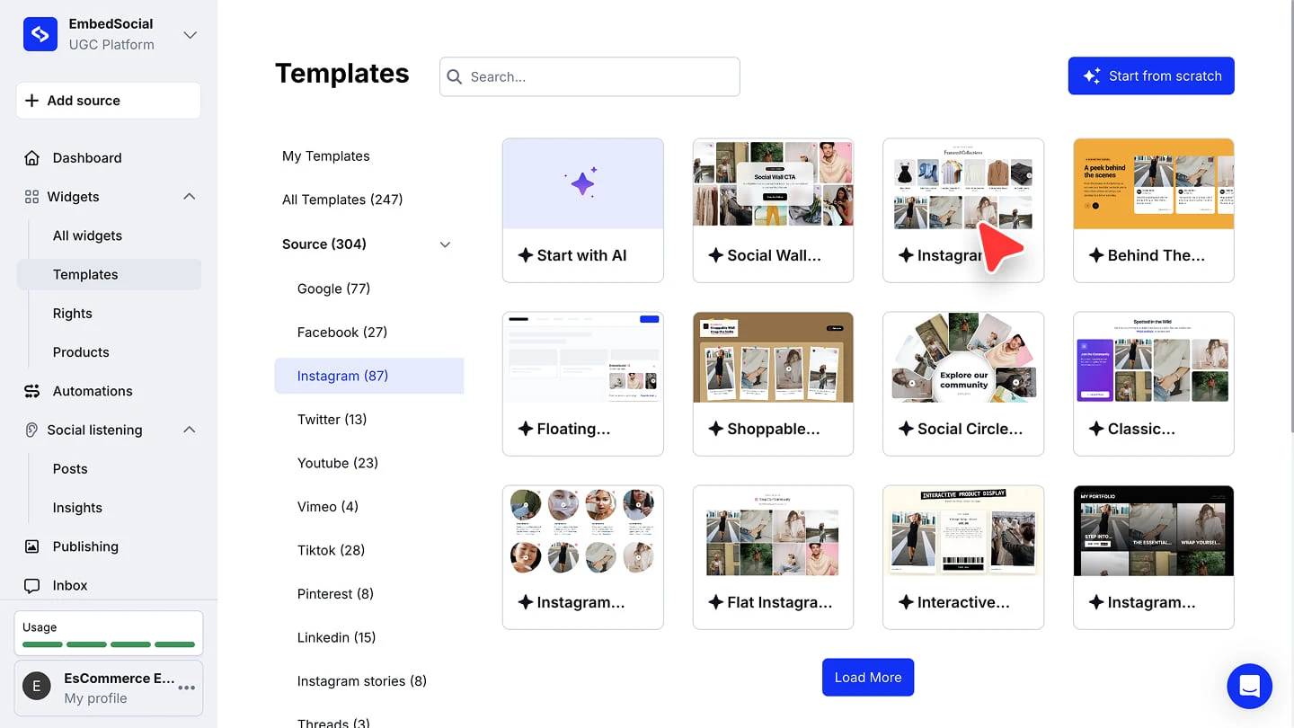 Choosing an Instagram template for the new widget