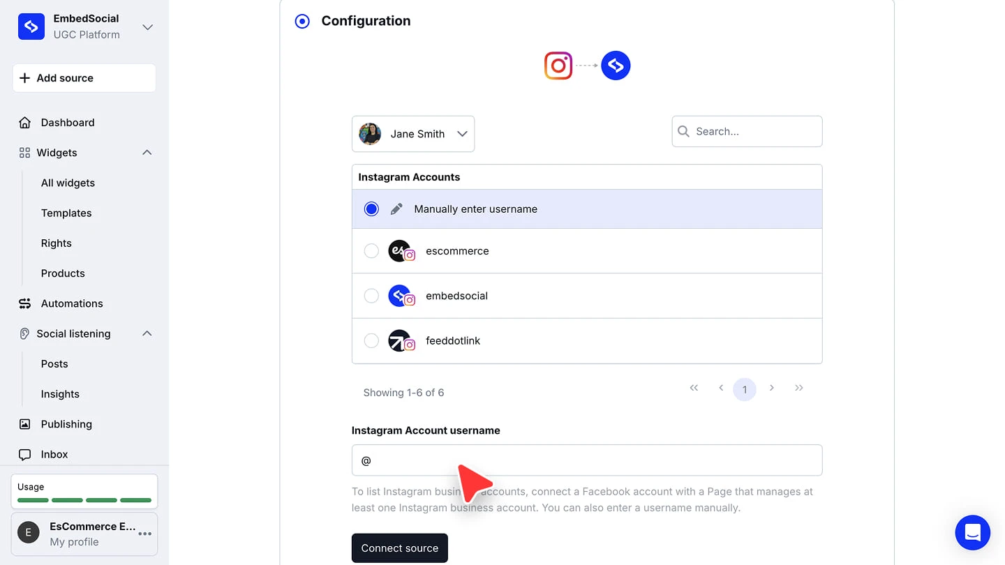 The Instagram Account username field and Connect source button, with Manually enter username selected