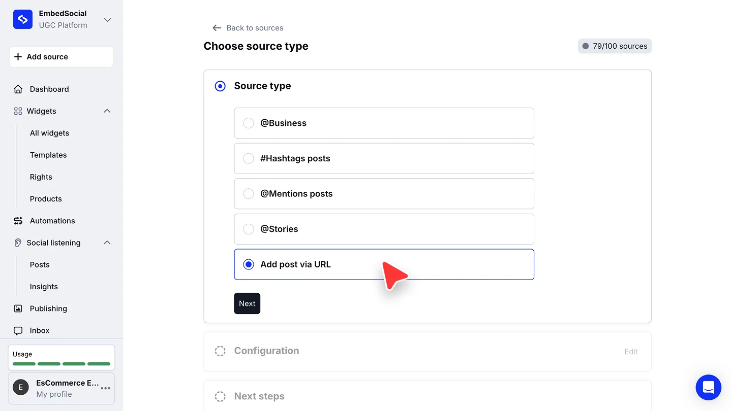 The Choose source type screen listing Business, Hashtags posts, Mentions posts, Stories and Add post via URL