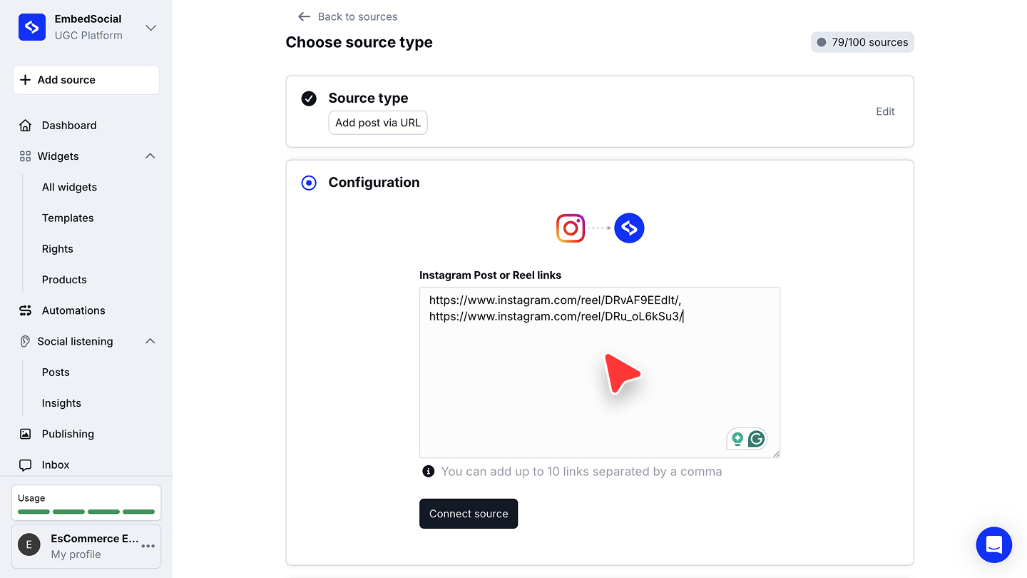 2件のInstagram Reelsのリンクを貼り付けた設定ステップとConnect sourceボタン