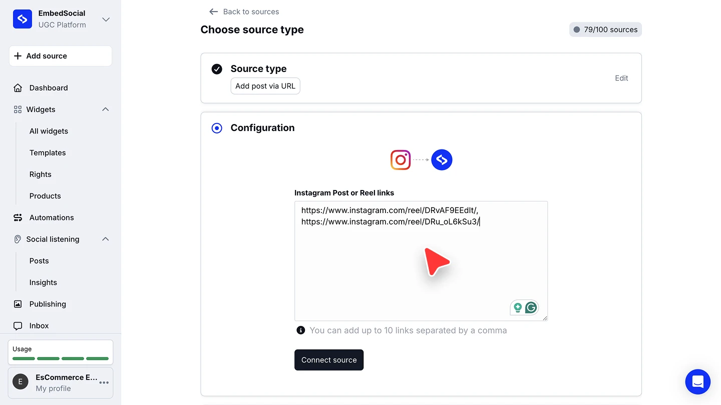 The configuration step with two Instagram Reel links pasted and the Connect source button