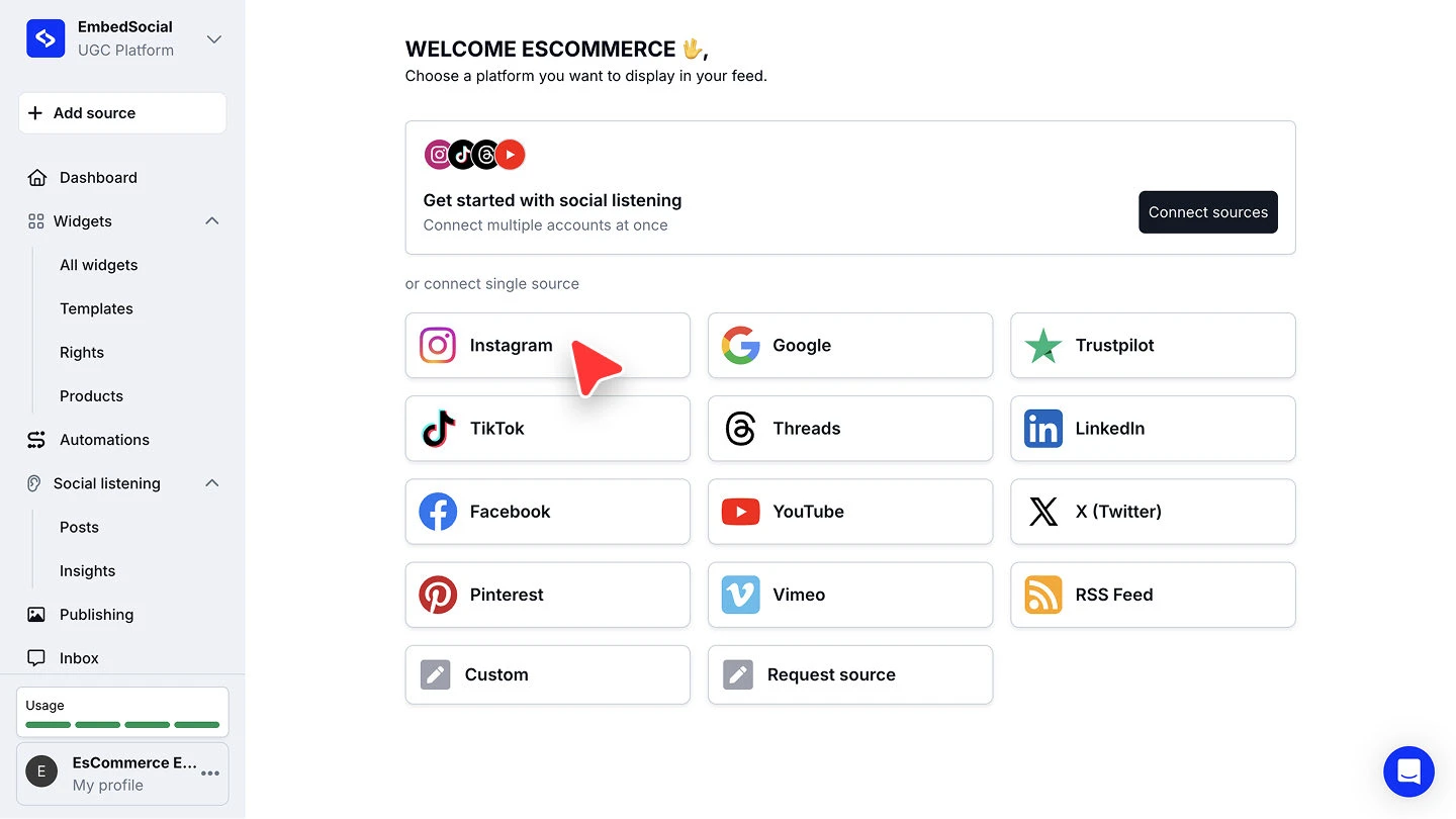 The source picker showing Instagram, Google, Trustpilot and the other platforms you can connect