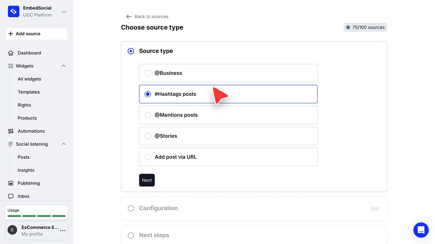 The Choose source type screen with Business, Hashtags posts, Mentions posts, Stories and Add post via URL as the options