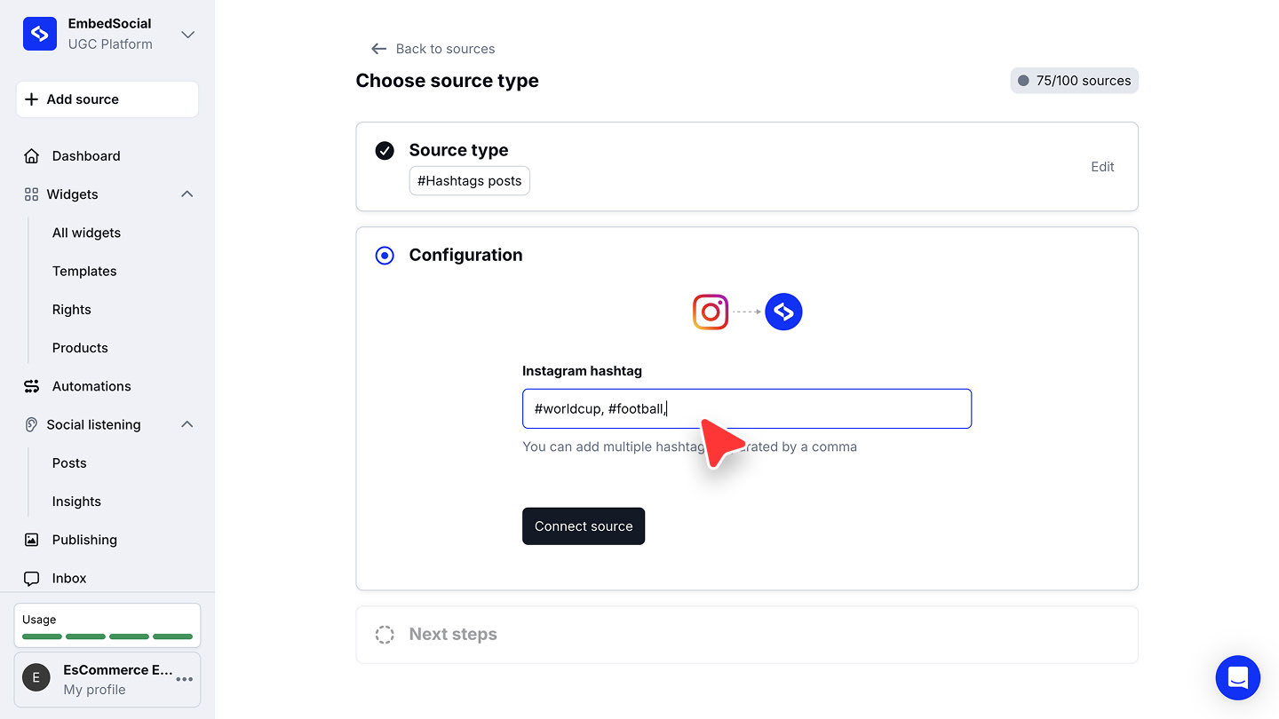 カンマ区切りの2つのハッシュタグが入力されたInstagram hashtagフィールドとConnect sourceボタンが表示されたConfigurationステップ