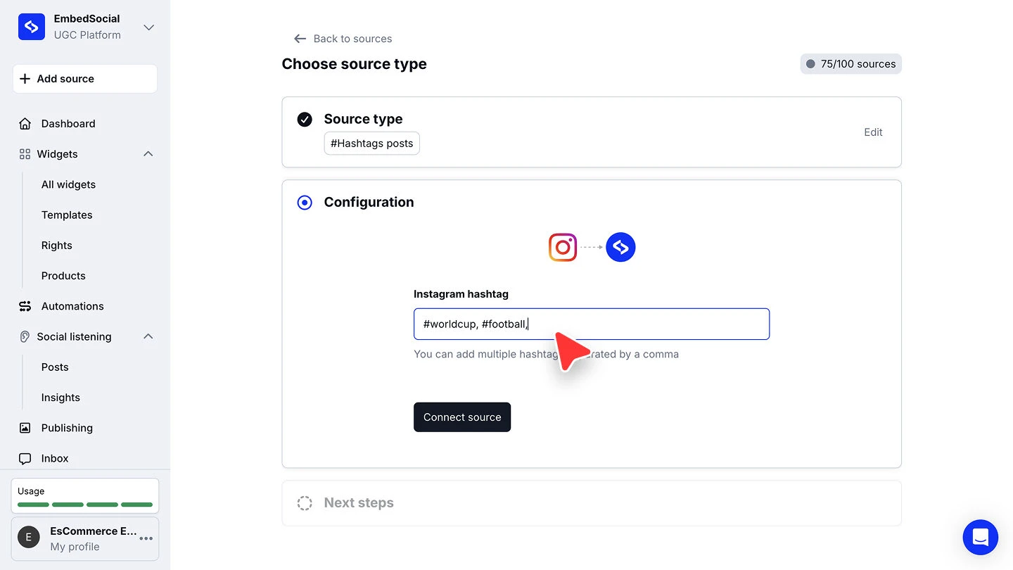 The Configuration step with the Instagram hashtag field holding two comma-separated hashtags and the Connect source button