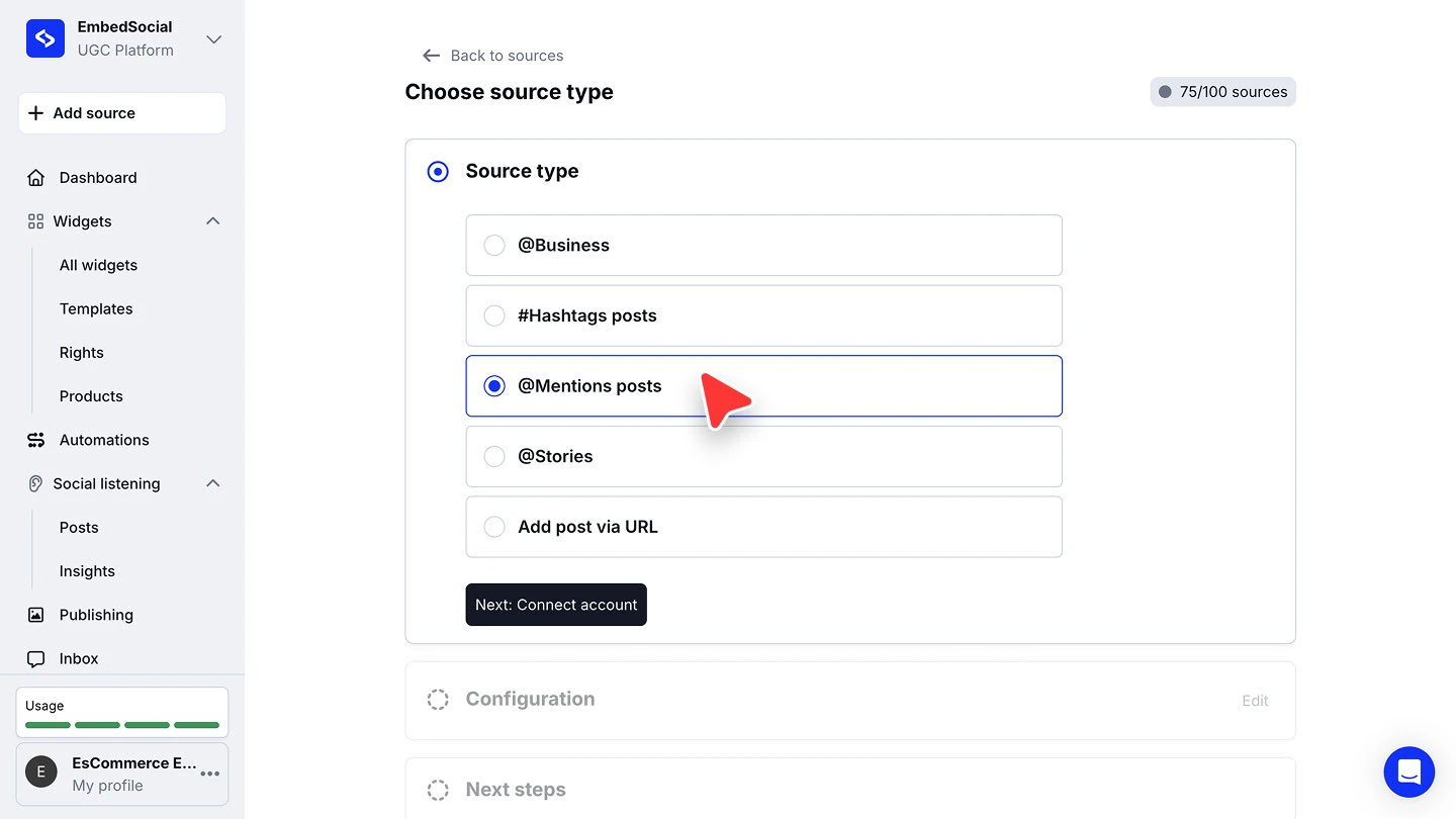The Choose source type screen with Business, Hashtags posts, Mentions posts, Stories and Add post via URL as the options