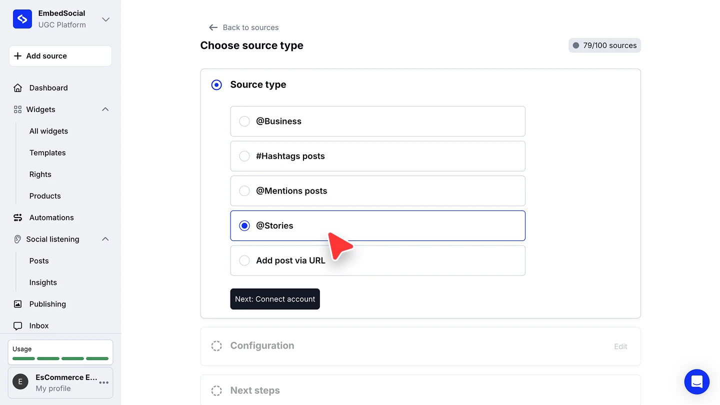 The Choose source type screen with Business, Hashtags posts, Mentions posts, Stories and Add post via URL as the options