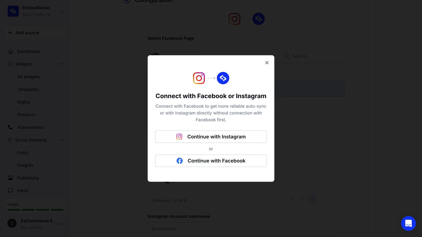 The Connect with Facebook or Instagram window offering both sign-in routes
