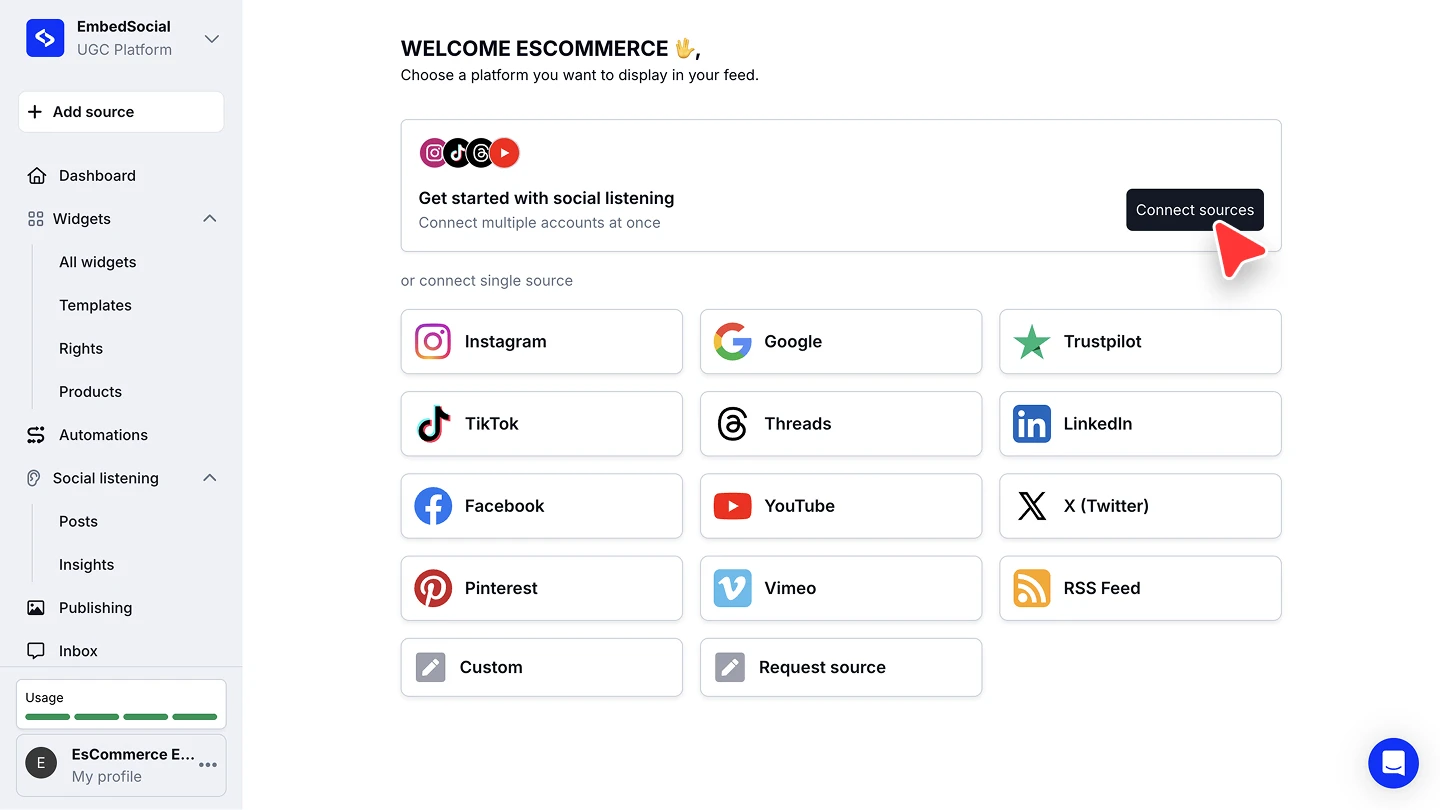 The Add source screen with the Get started with social listening banner and its Connect sources button above the single-source platform grid