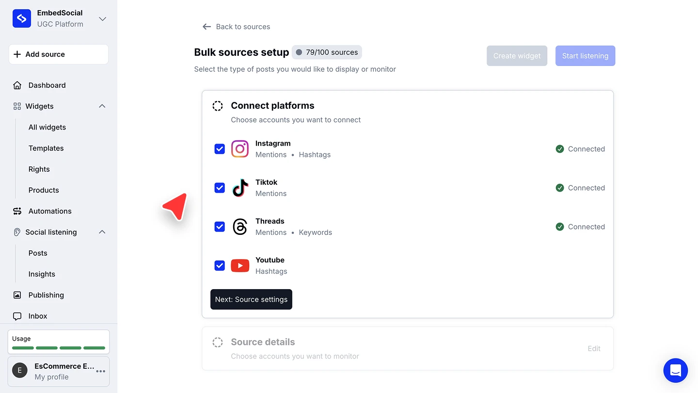 The Connect platforms step with Instagram, TikTok, Threads and YouTube ticked, each showing its supported listening types and a Connected badge