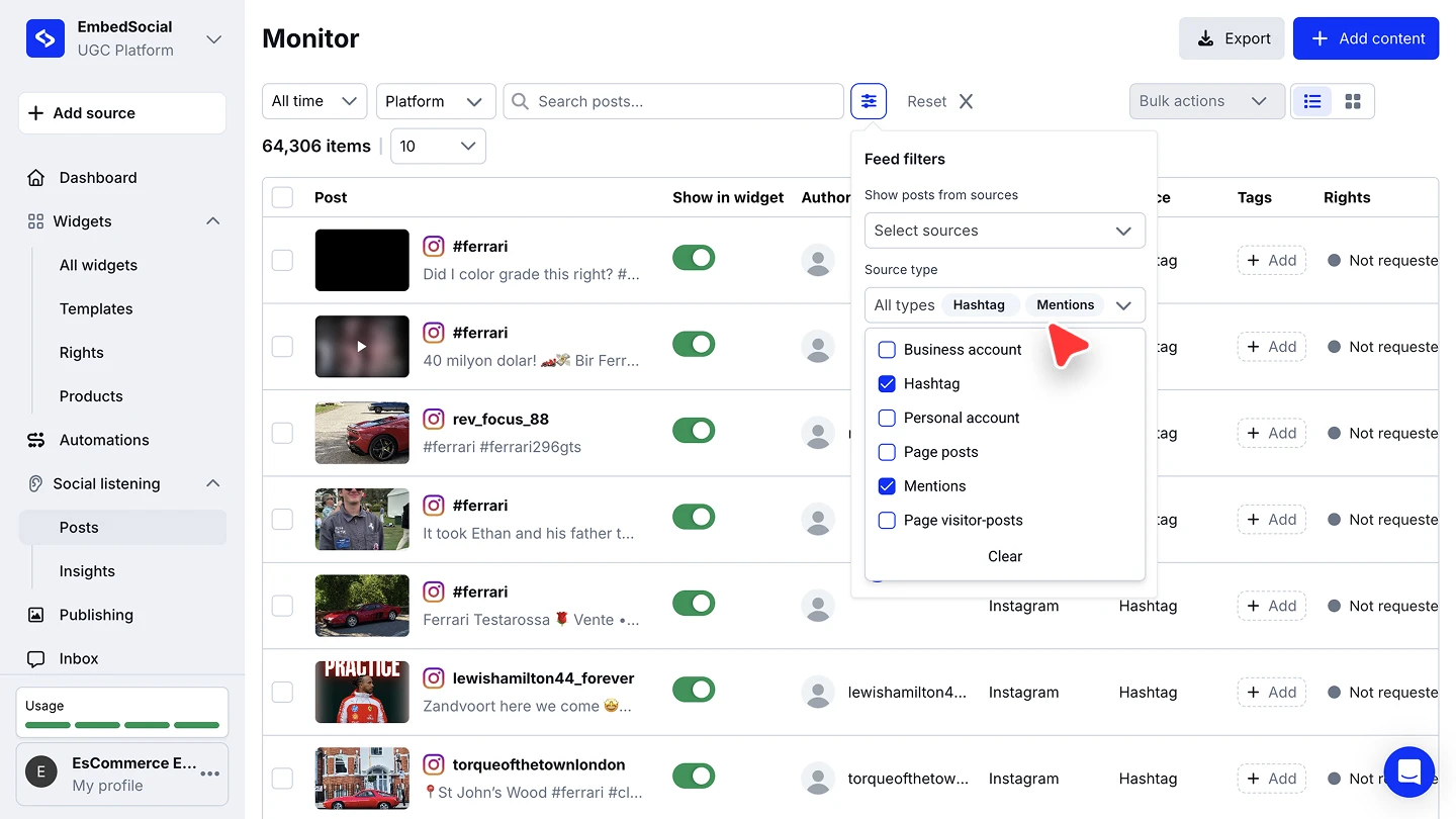 The Posts page listing collected hashtag posts with the Feed filters panel open and Hashtag and Mentions selected as source types