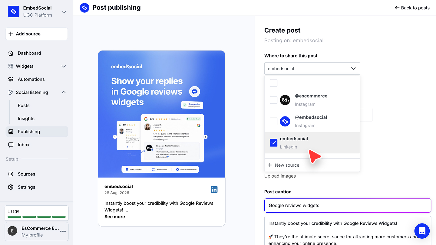 新しい投稿のLinkedInページを選択する画面