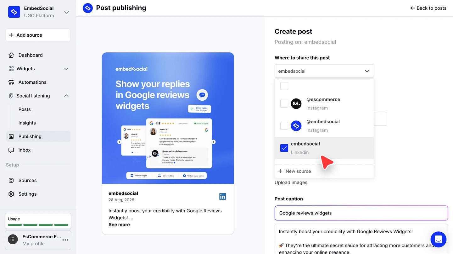 Selecting the LinkedIn page for a new post
