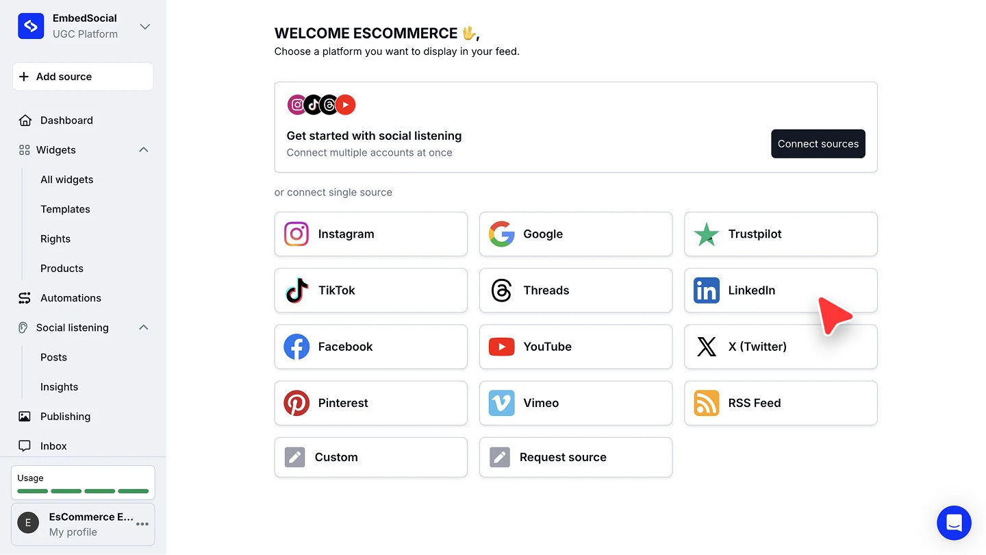 The platform picker showing Instagram, Google, Trustpilot, TikTok, Threads, LinkedIn and the other available sources