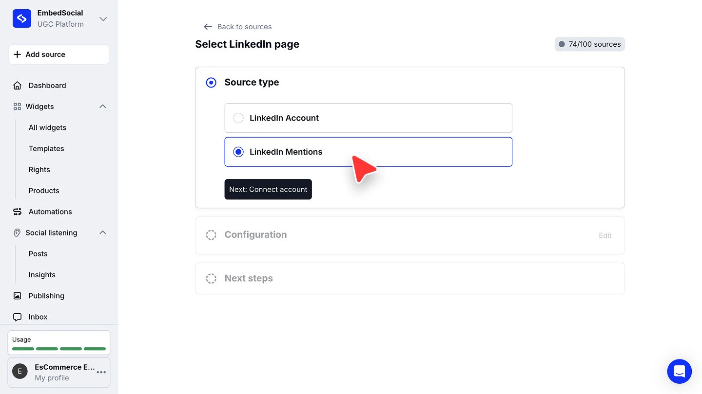 The Select LinkedIn page screen with LinkedIn Account and LinkedIn Mentions as the source type options