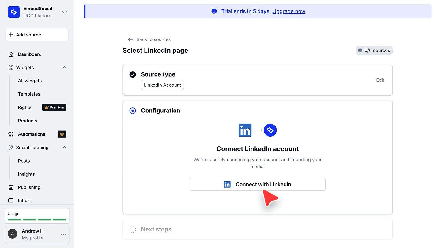 The Configuration step showing Connect LinkedIn account and the Connect with LinkedIn button