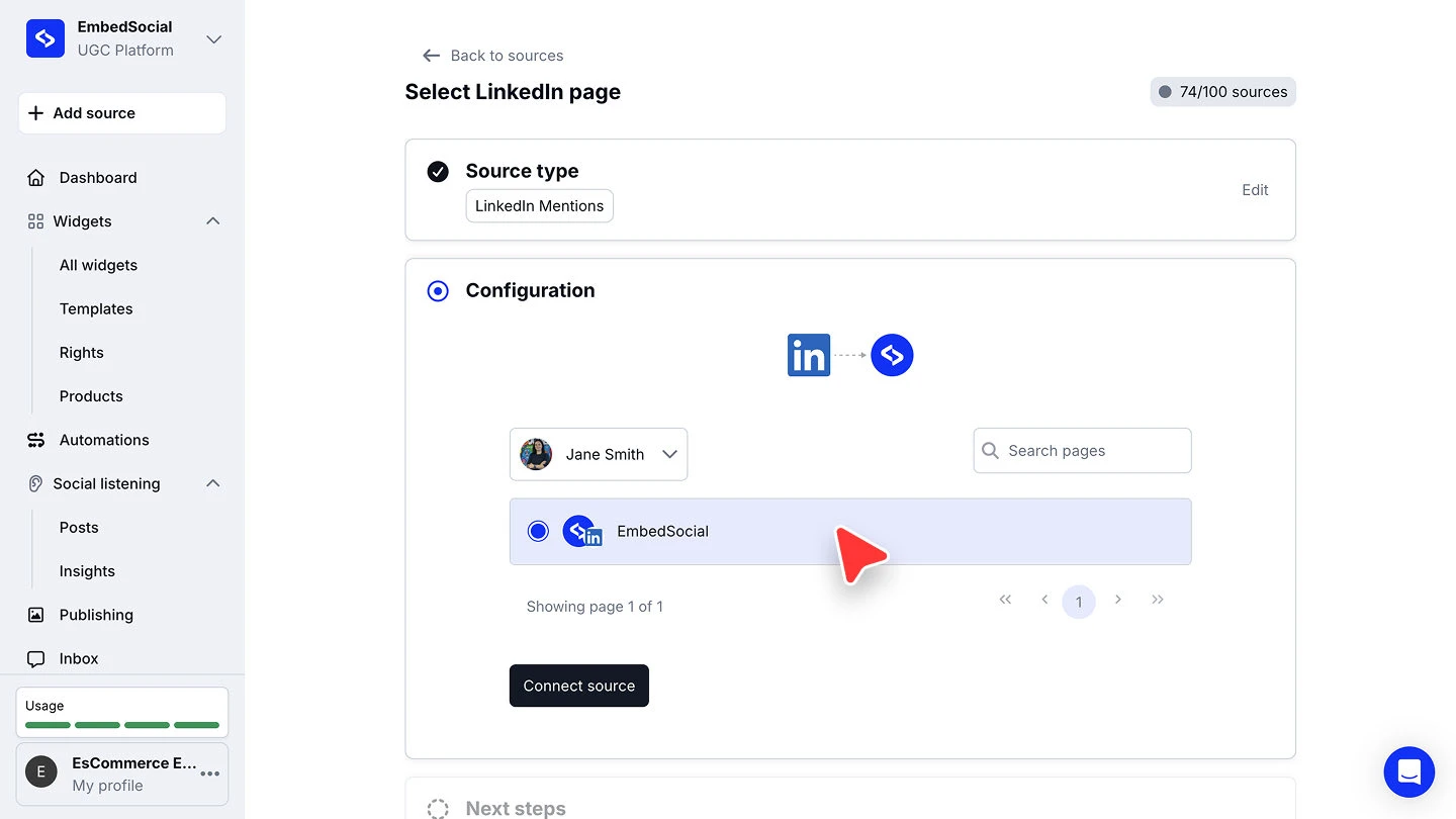 The Configuration step showing the LinkedIn profile dropdown, the list of pages, and the Connect source button