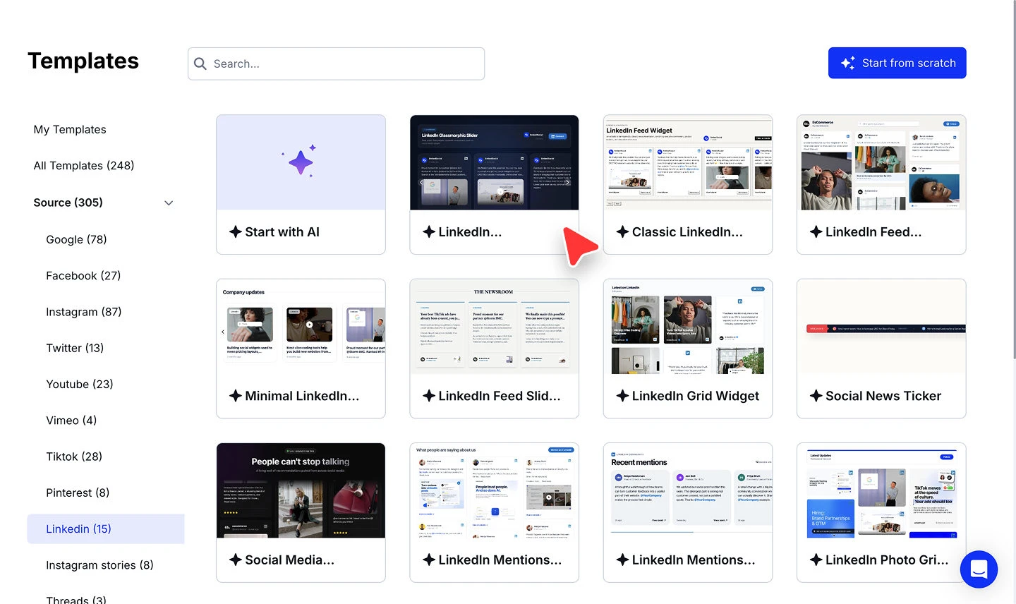 The widget template gallery shown after the LinkedIn source is connected
