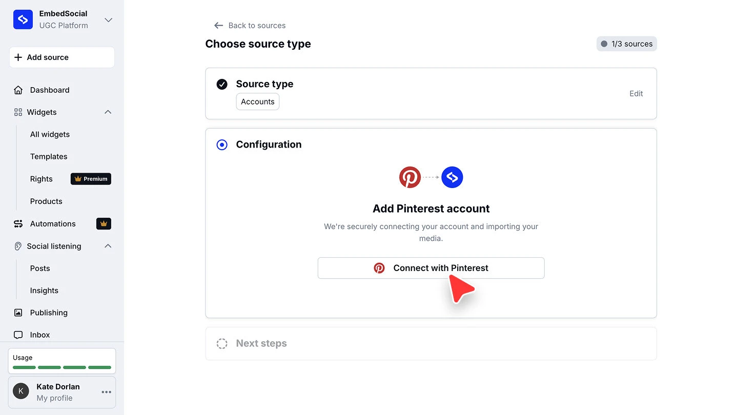 The Configuration step showing Add Pinterest account and the Connect with Pinterest button