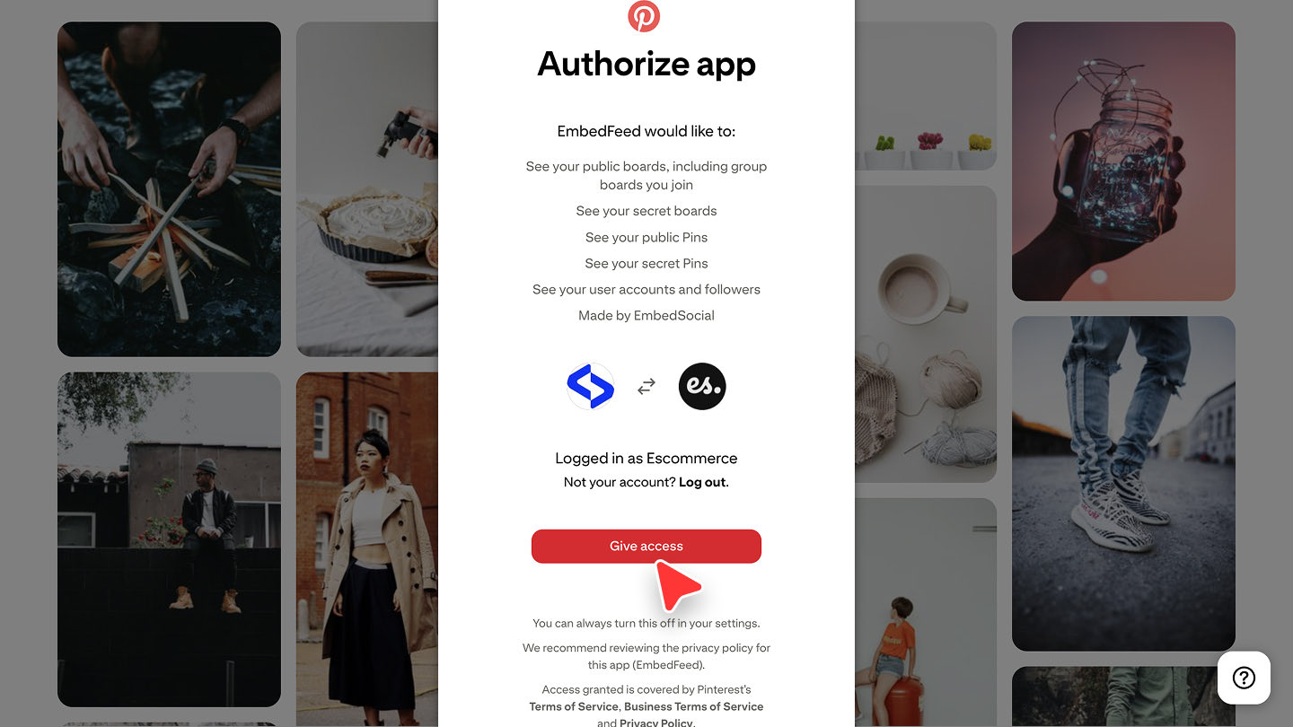 アカウント接続時に表示されるPinterestの権限画面