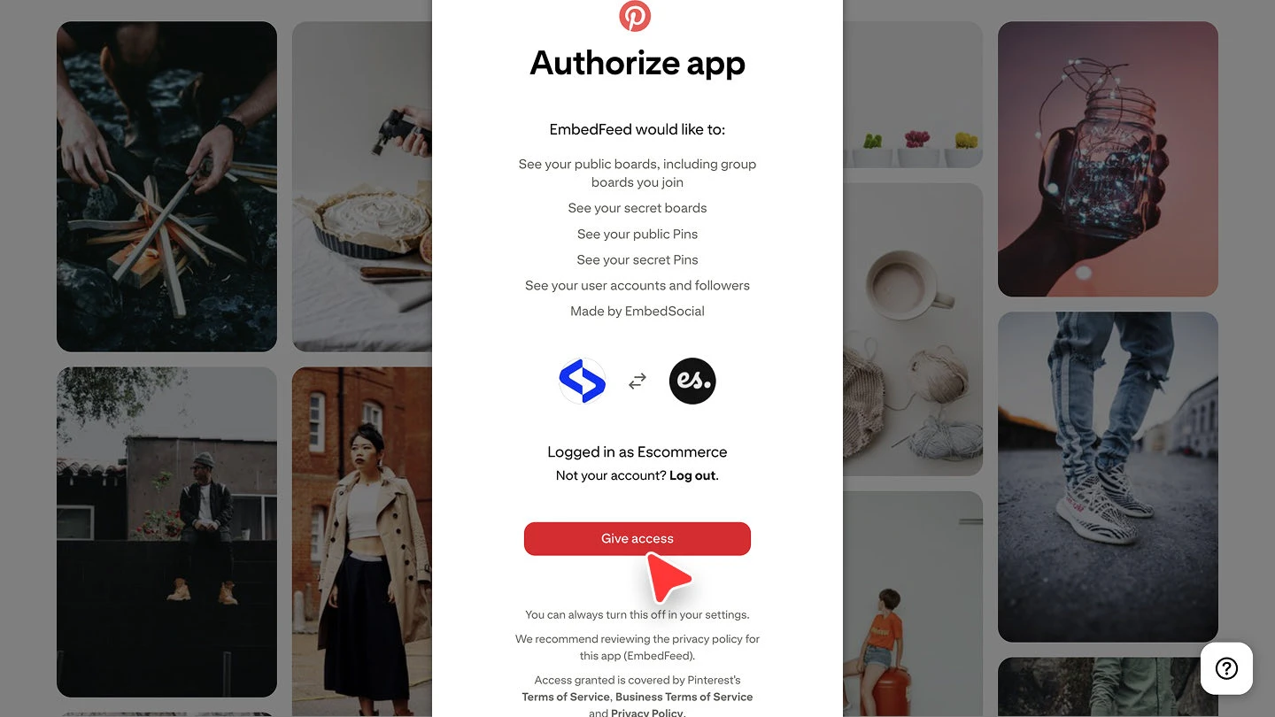 The Pinterest permission screen shown while connecting the account