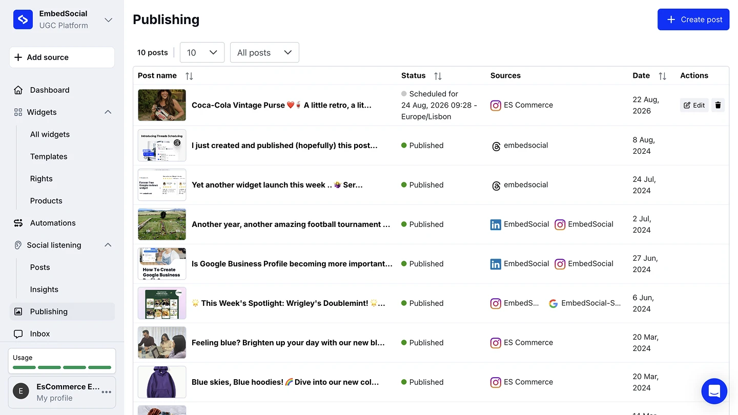 The Publishing page in EmbedSocial with the Create post button
