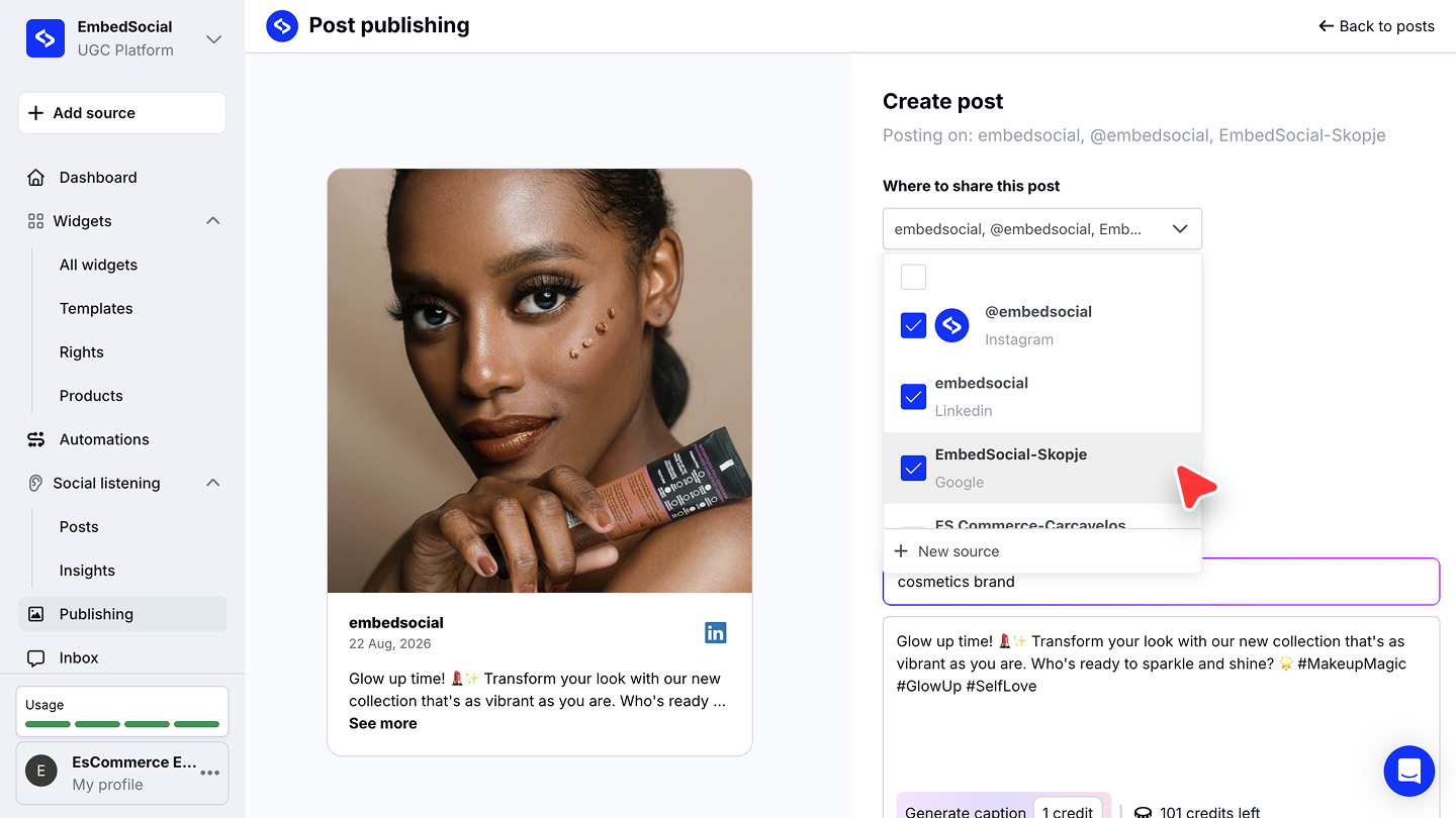 Instagram、LinkedIn、Googleのアカウントをまとめて選択したWhere to share this postのドロップダウン