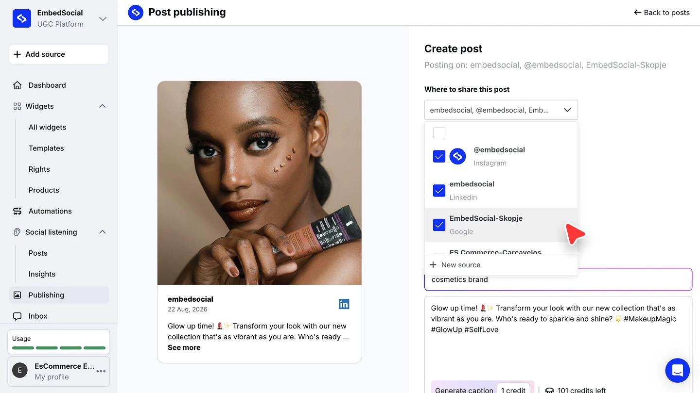 The Where to share this post dropdown with Instagram, LinkedIn and Google accounts selected at once