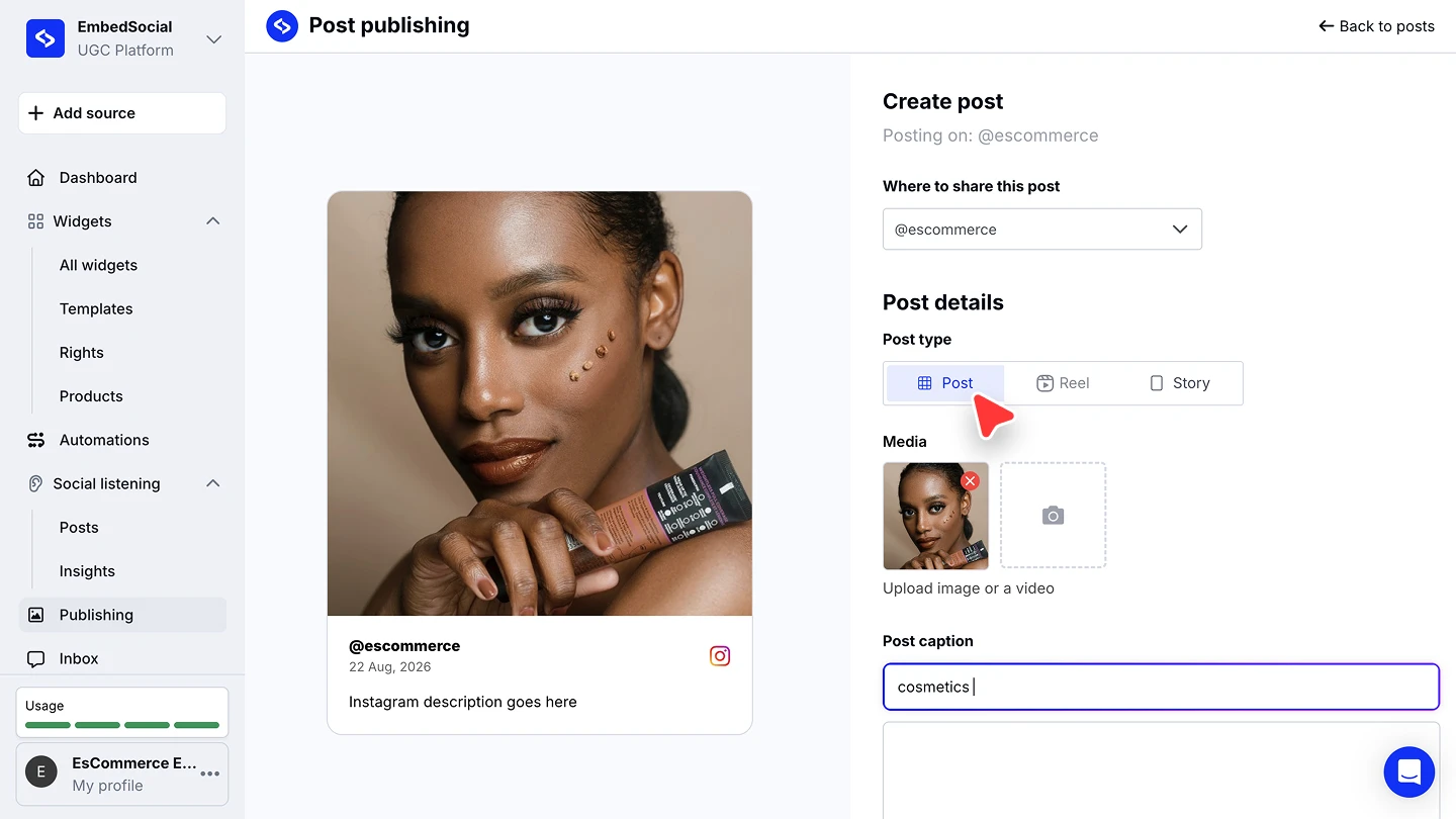 The Post details section with the Post, Reel and Story post types for Instagram