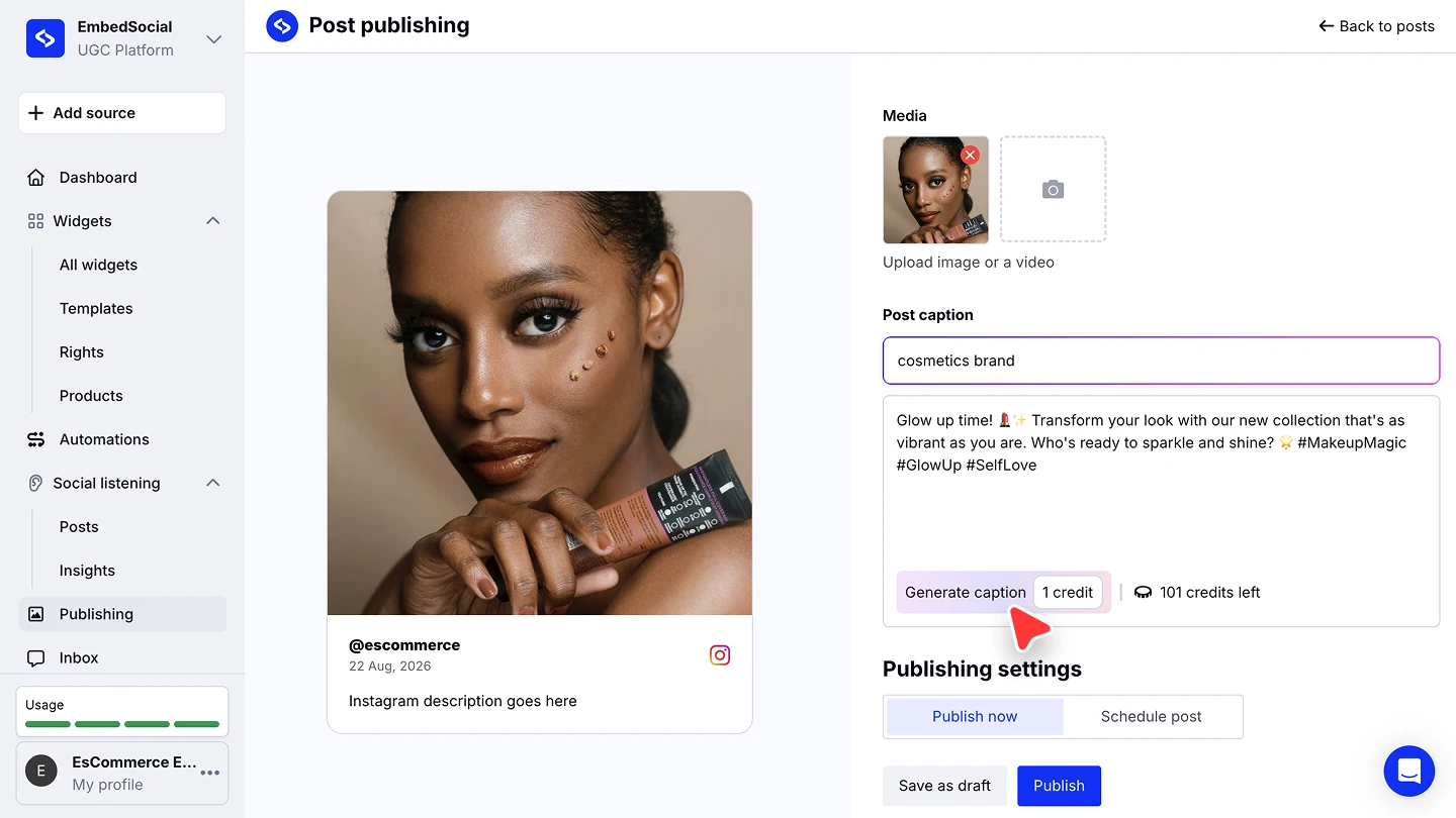 Generating the post text with the AI caption generator in EmbedSocial