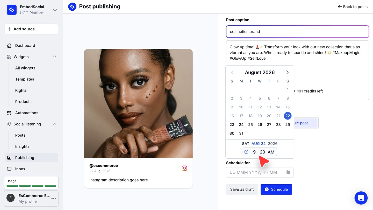 Picking the date and time for the scheduled post