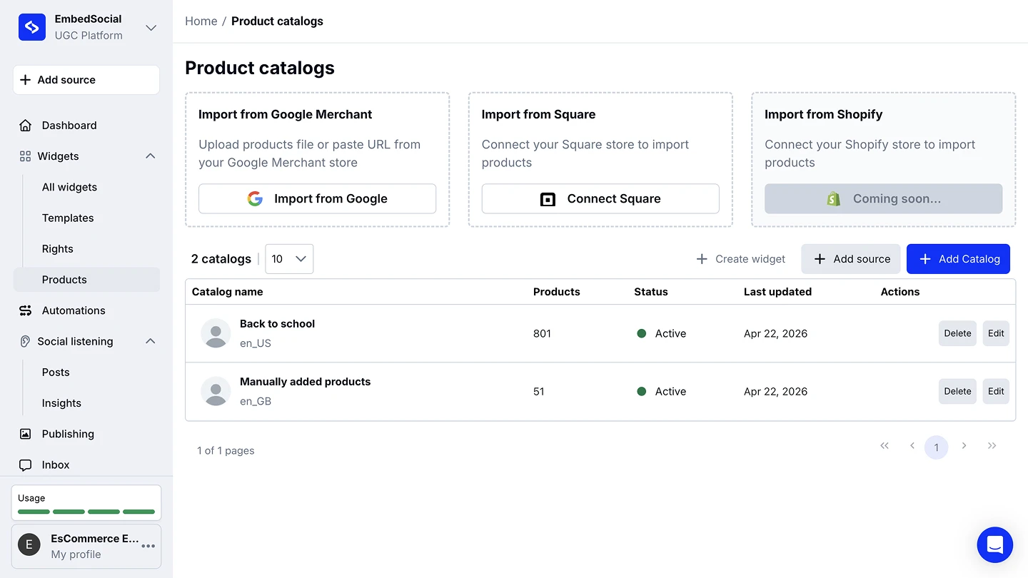 The Product catalogs page with the Google Merchant, Square and Shopify import tiles, and the catalogs table below