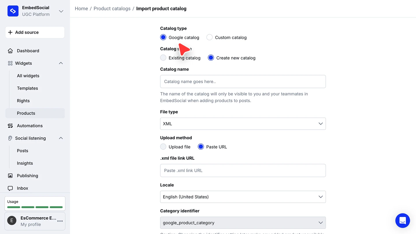 The Import product catalog form with catalog type, name, file type, upload method, locale and category identifier