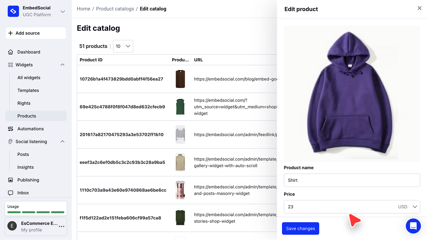 商品名、価格、Save changesが表示されたEdit productのパネルと、カタログの商品一覧