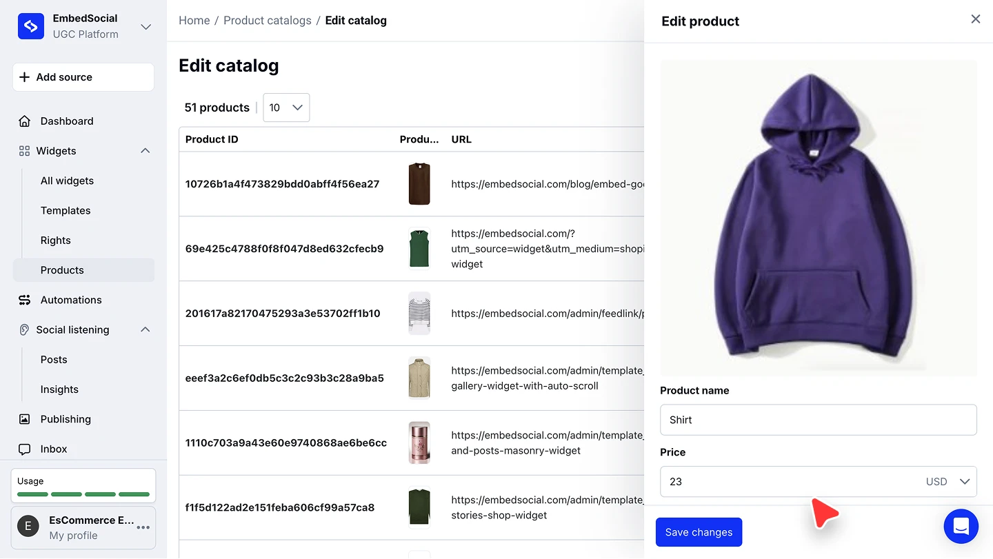The Edit catalog product list with the Edit product panel showing name, price and Save changes