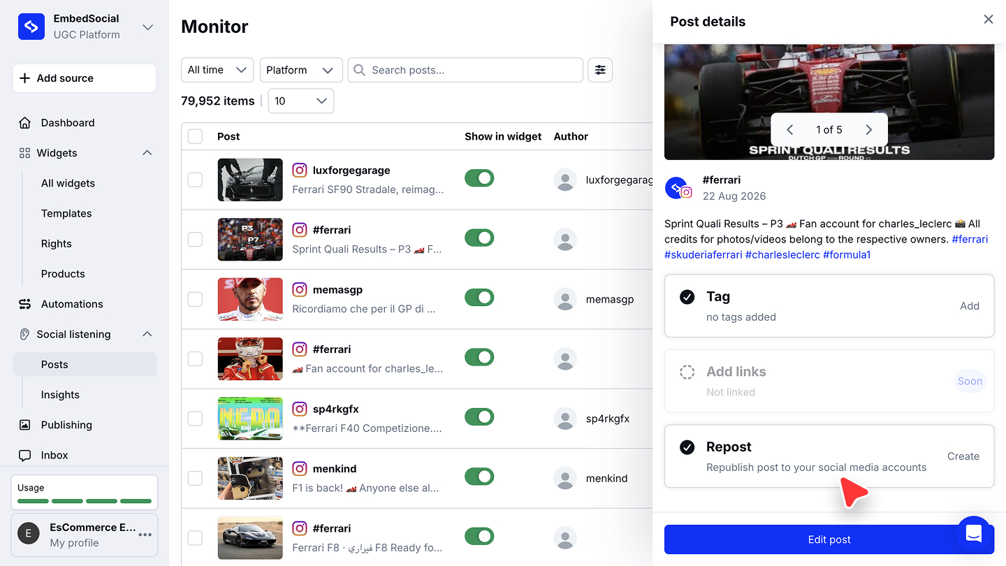 Repostの操作とCreateのボタンが表示された、監視中のハッシュタグ投稿のPost detailsのパネル