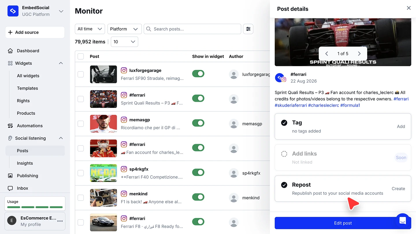 The Post details panel of a monitored hashtag post with the Repost action and its Create button