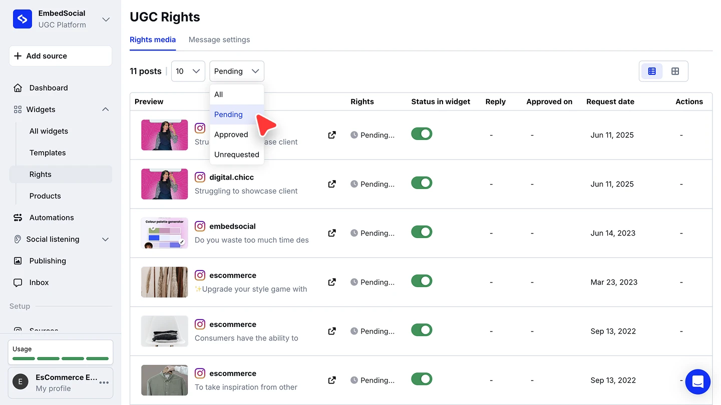 Filtering UGC Rights requests by pending, approved, or unrequested status