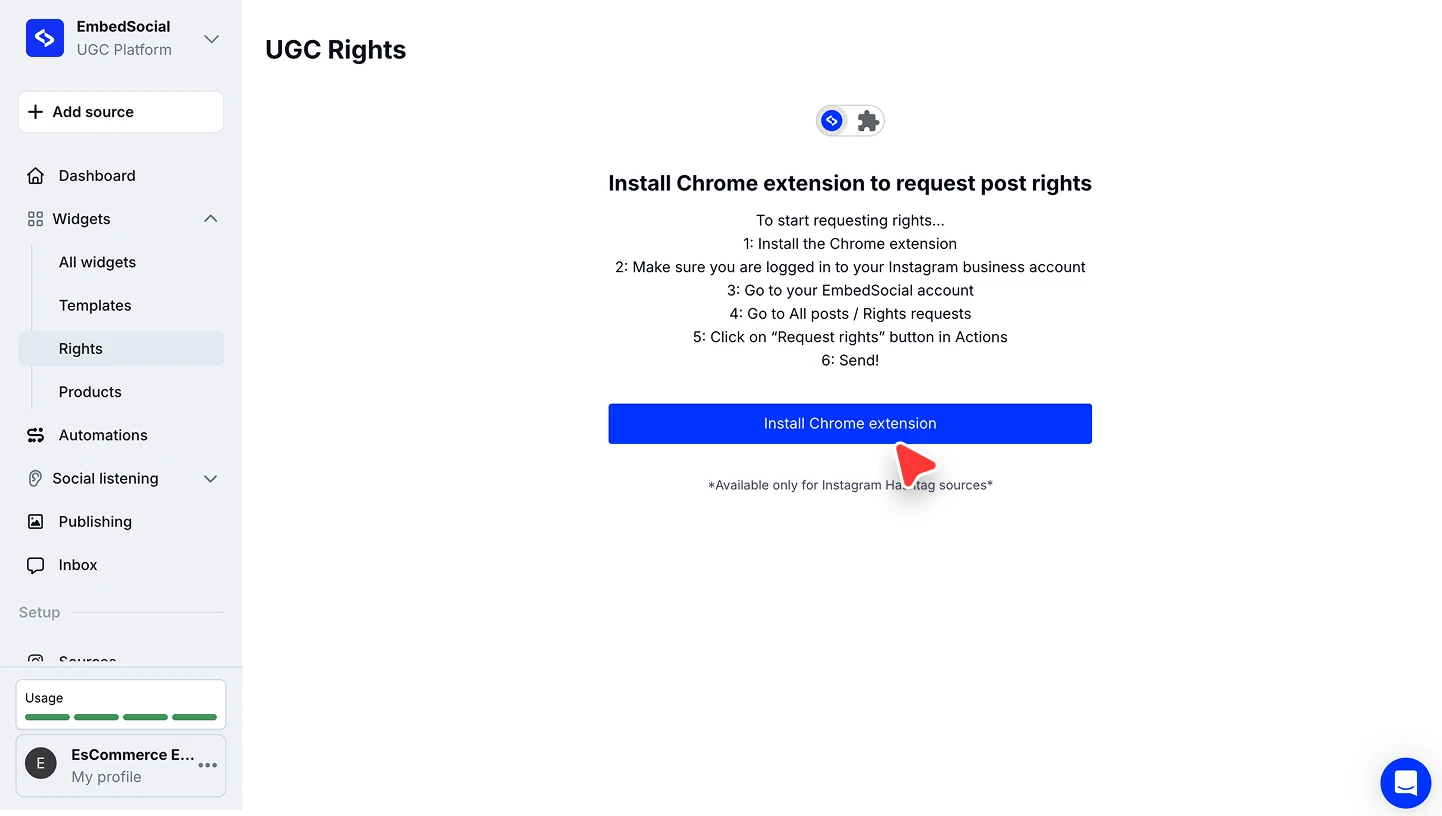 The UGC Rights page prompting you to install the Chrome extension