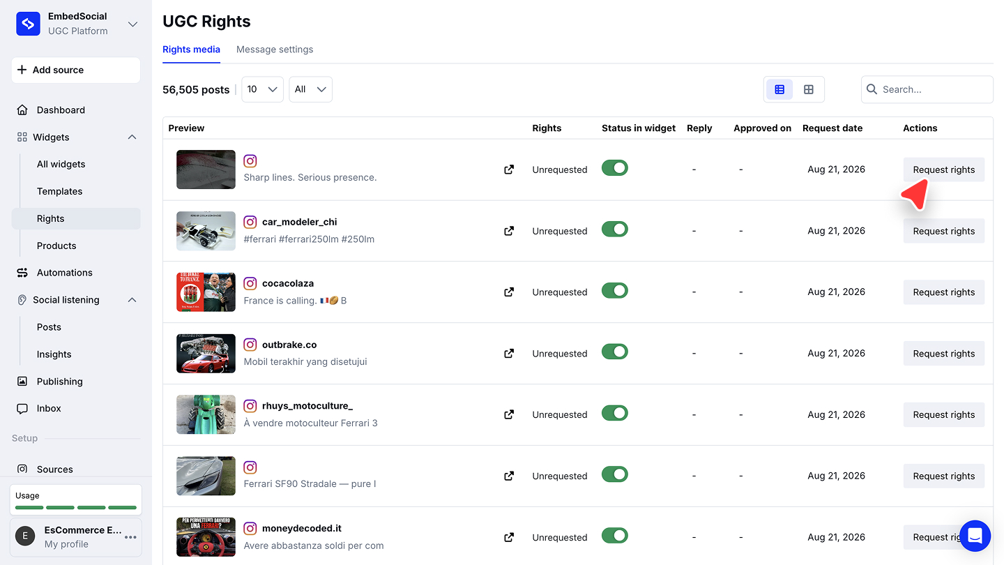 収集した投稿にRequest rightsの操作が表示されたUGC Rightsのページ