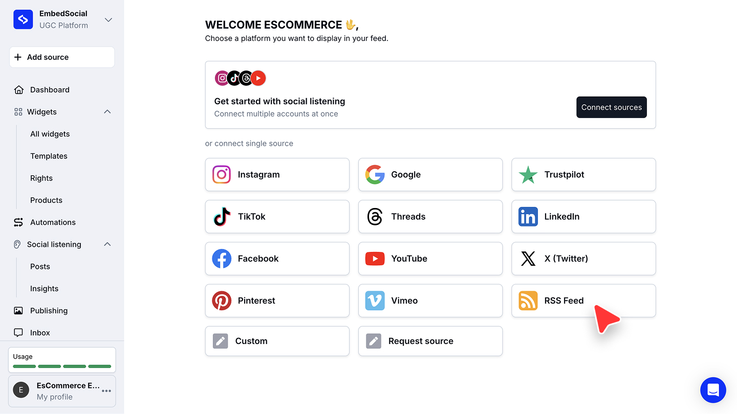 Instagram、Google、Trustpilot、Vimeoなど利用可能なソースの中にRSS Feedが表示されたプラットフォームの選択画面