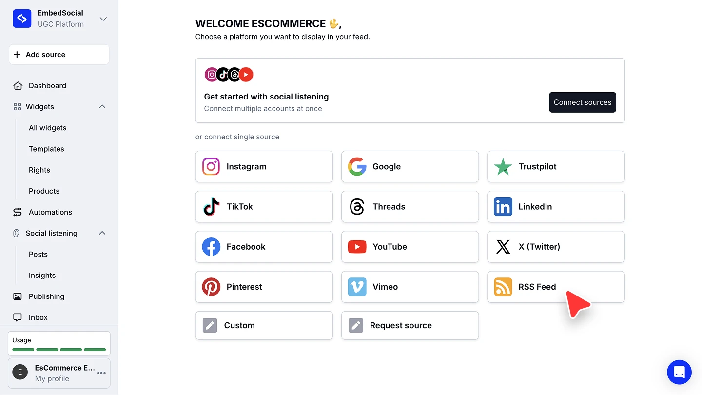 The platform picker with RSS Feed among Instagram, Google, Trustpilot, Vimeo and the other available sources